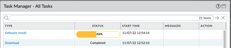 image of PAN-OS GUI showing download and installation progress